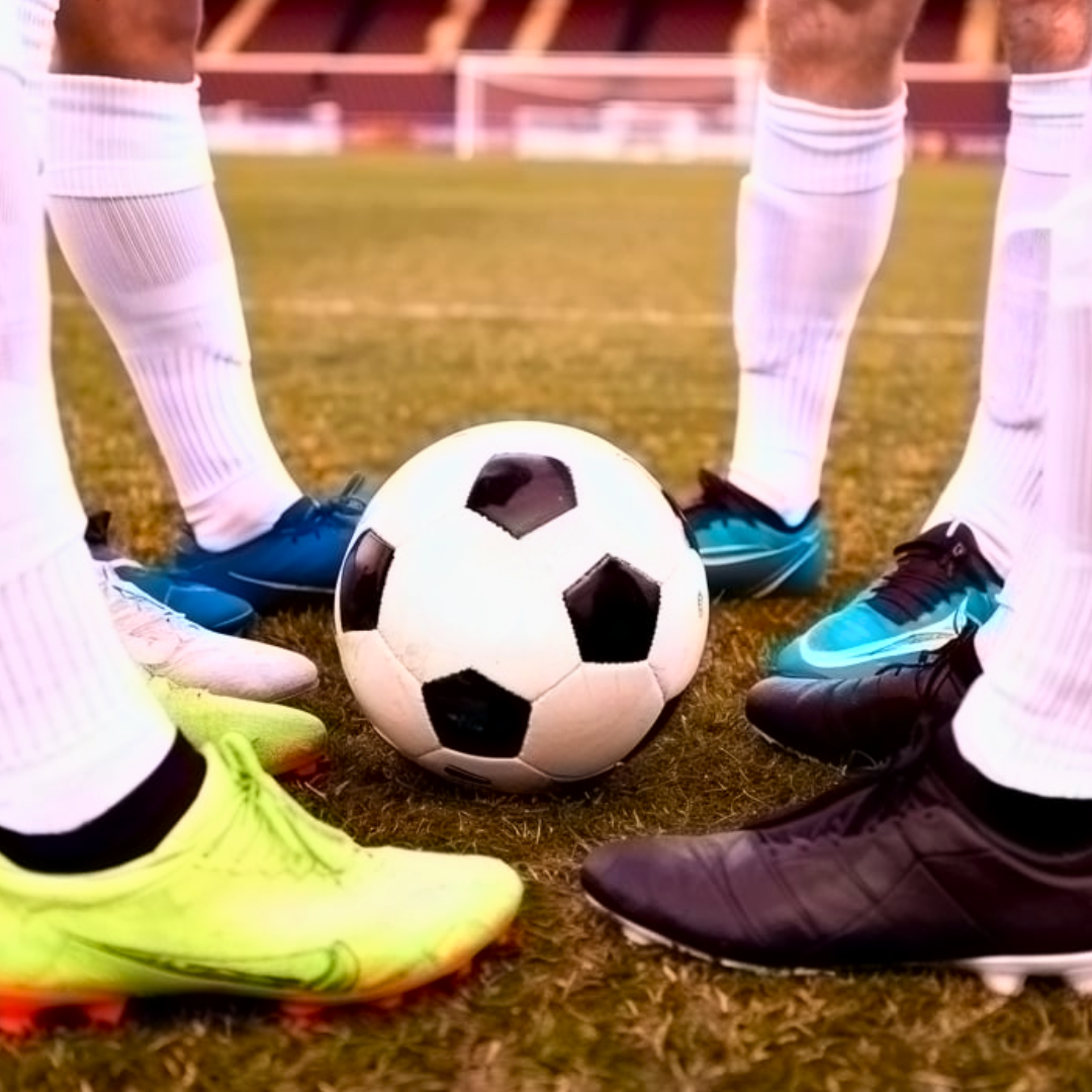 immagine evocativa del team spirit con un Un pallone da calcio al centro di un cerchio formato dai piedi dei giocatori.